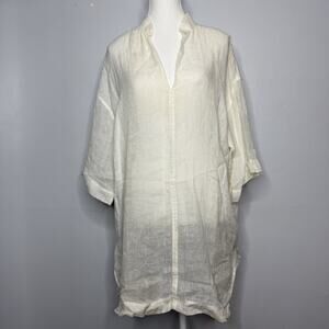 Eileen Fisher Organic Linen Tunic Top S/M Ivory Split Neck Oversized Boho